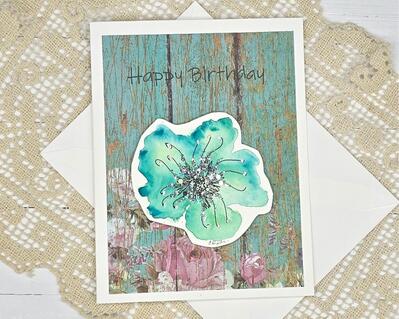 Birthday Card - Blue Flower with Glitter