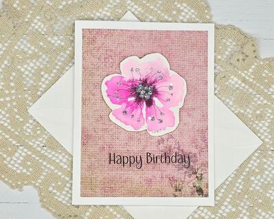 Birthday Card - Pink Flower with Glitter-1