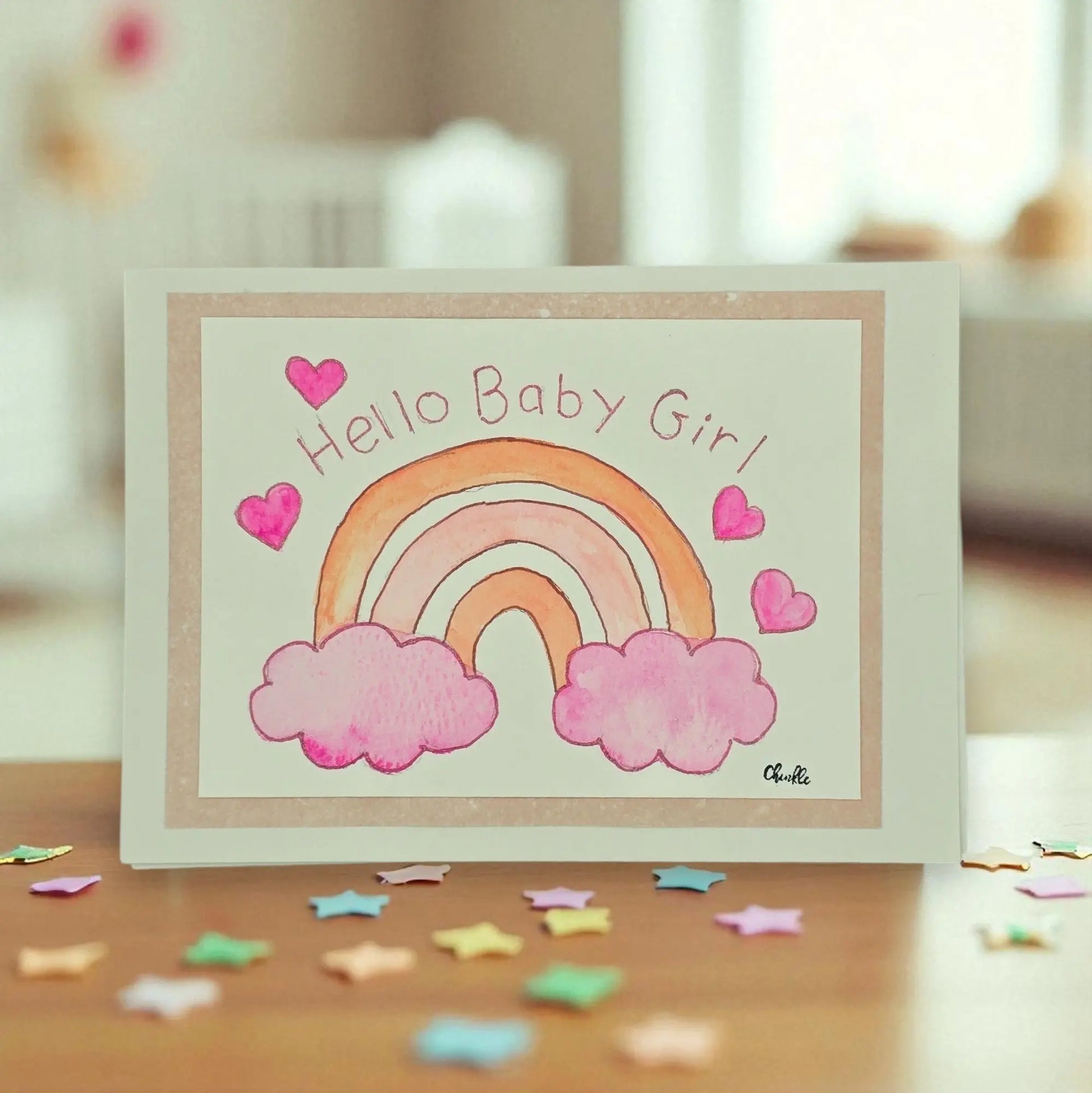 BABY GIRL GREETING CARD WITH RAINBOW SAYING HELLO BABY GIRL