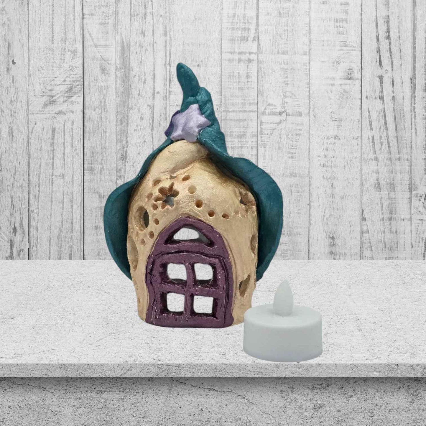 a castle design fairy house night light front view