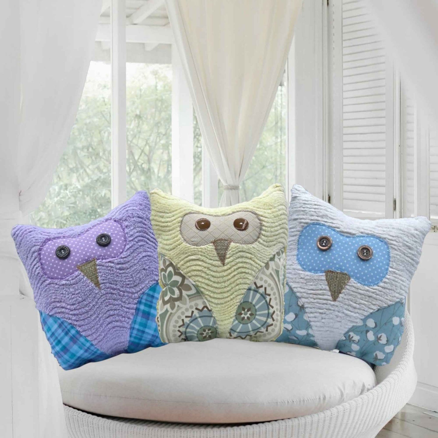 Three Owls Purple Yellow Blue Pillows