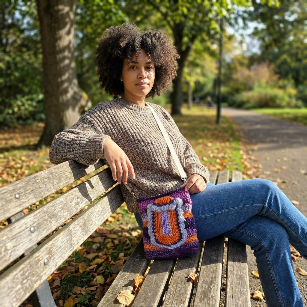 Boho Crochet Rectangle Bag Multi with model on a park bench