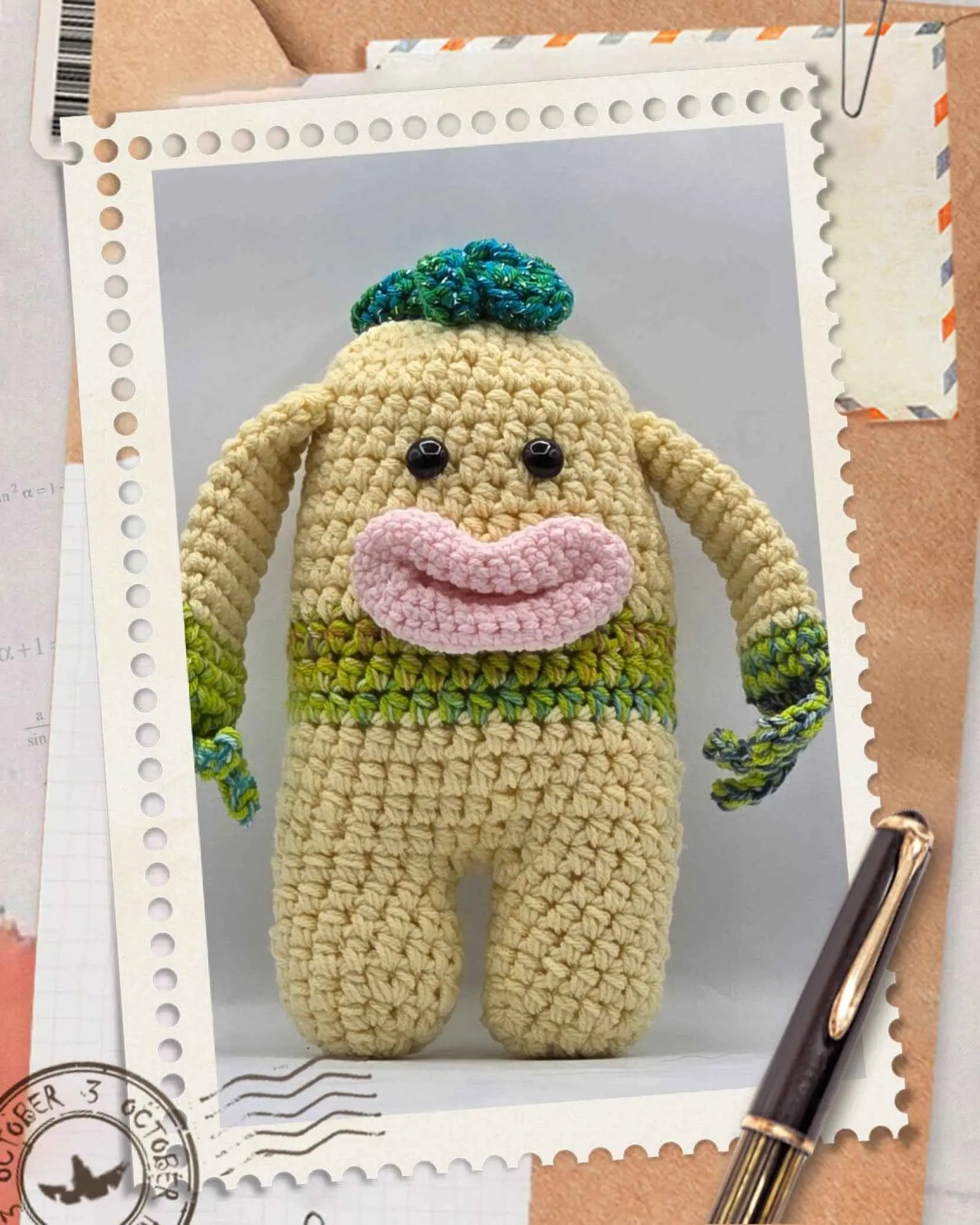 A crocheted yellow toy monster with green hair and showcasing intricate stitching and vibrant colors.