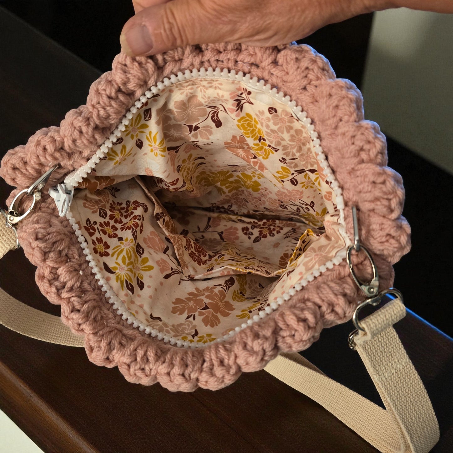 Boho Crochet Square Handbag Pink Inside of Handbag