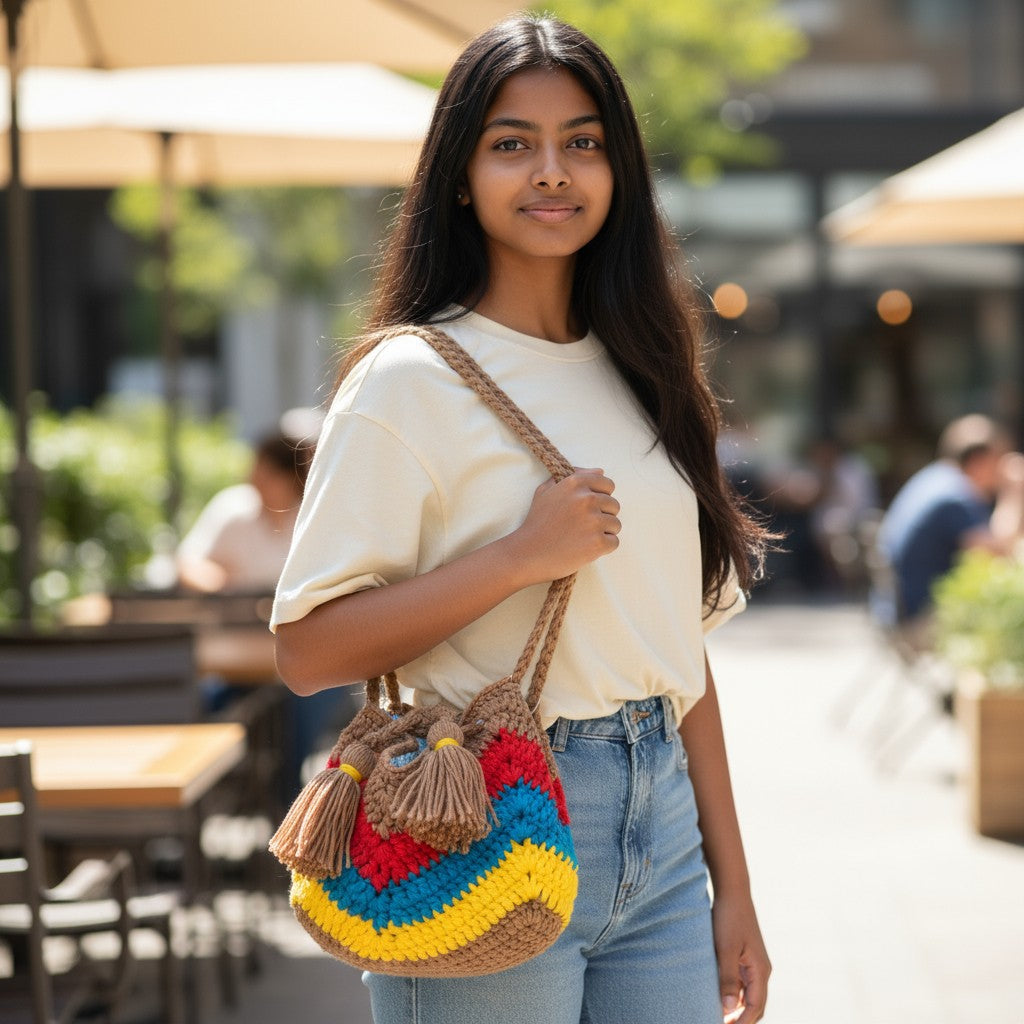 A woman with red hair holds a blue and purple crochet bag, showcasing her vibrant style and unique accessory choice.