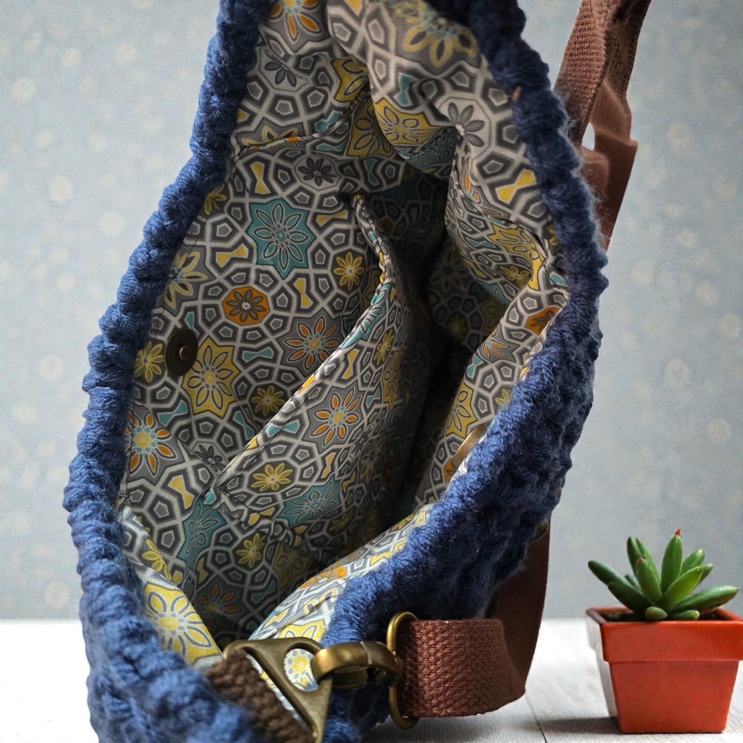 Boho Crochet Hex Shape Crossbody Bag Country Blue Handmade Market