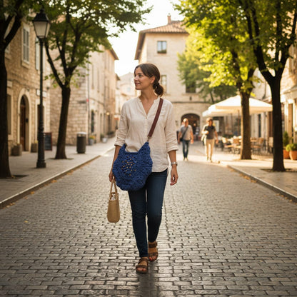 Boho Crochet Hex Shape Crossbody Bag Country Blue Handmade Market