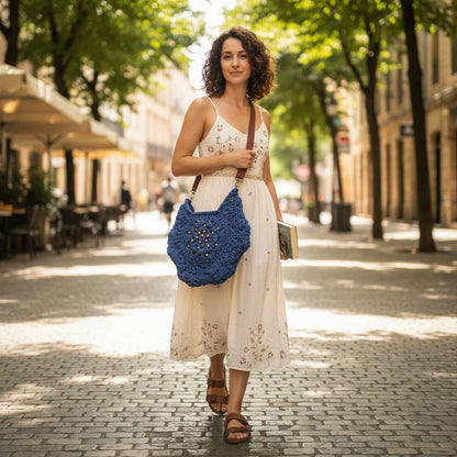 Boho Crochet Hex Shape Crossbody Bag Country Blue Handmade Market