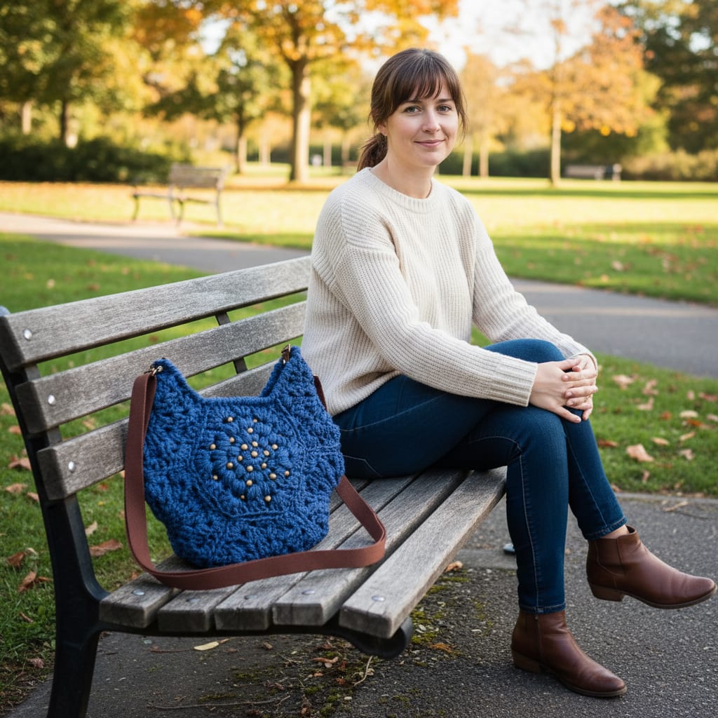 Boho Crochet Hex Shape Crossbody Bag Country Blue Handmade Market
