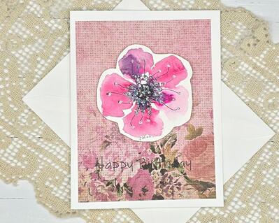 Birthday Card - Pink Flower with Glitter