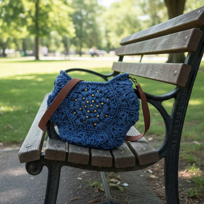 Boho Crochet Hex Shape Crossbody Bag Country Blue Handmade Market