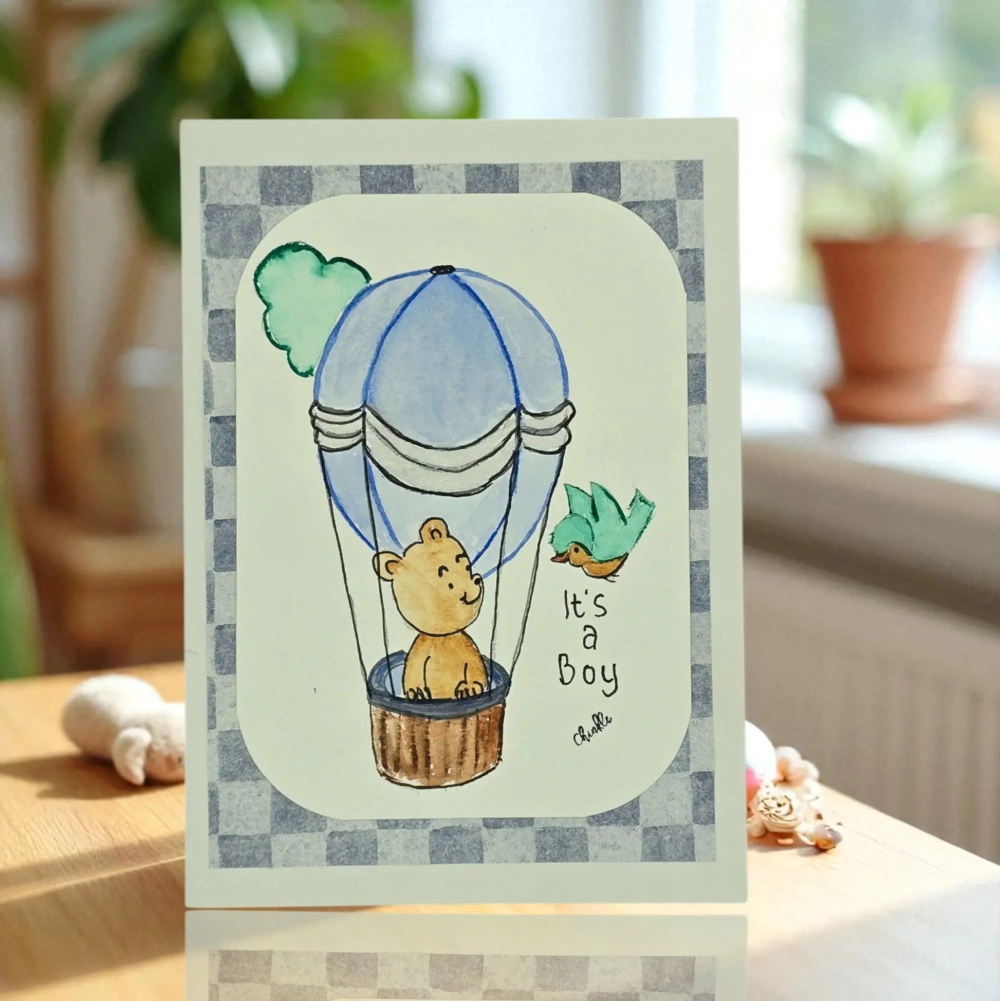 BABY BOY BABY CARD WITH BLUE BALLOONS AND SAYING ITS A BOY
