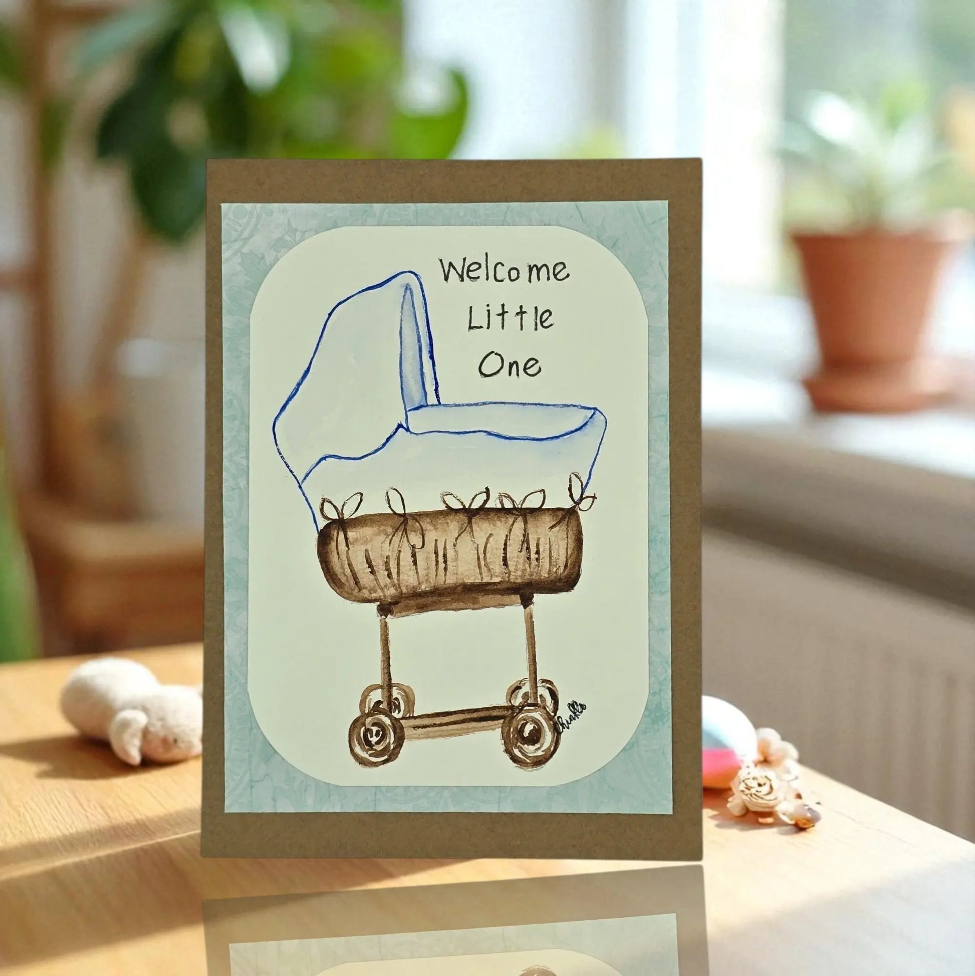 BABY BOY GREETING CARD WITH BASSENET SAYING WELCOME LITTLE  ONE