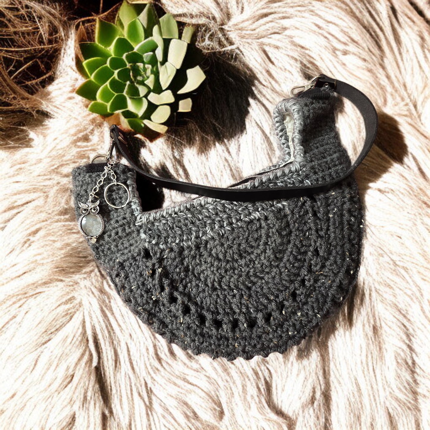 Boho Crochet Round Shell Style Black1 Front of Half Circle Bag