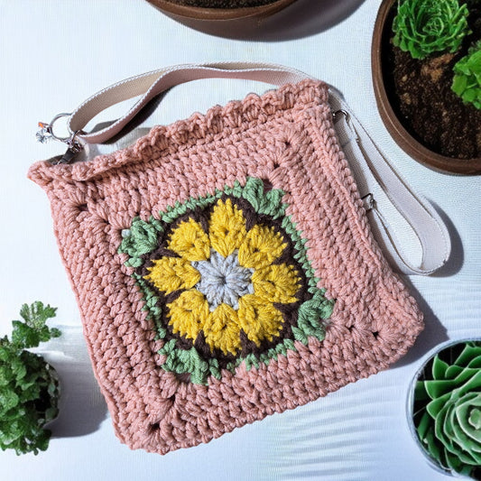 Boho Crochet Square Handbag Cherry Blossom Front of Bag