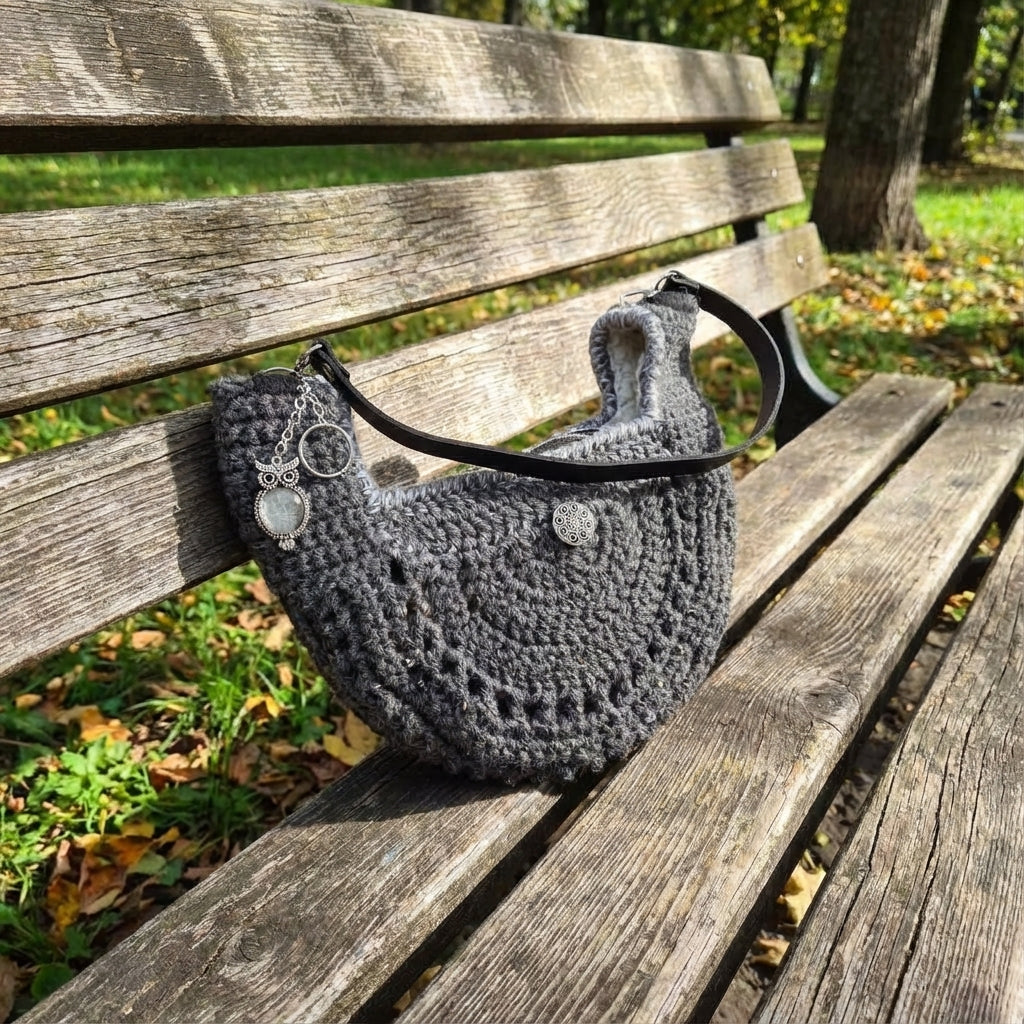 Boho Crochet Round Shell Style Black1 Bag on Park bench