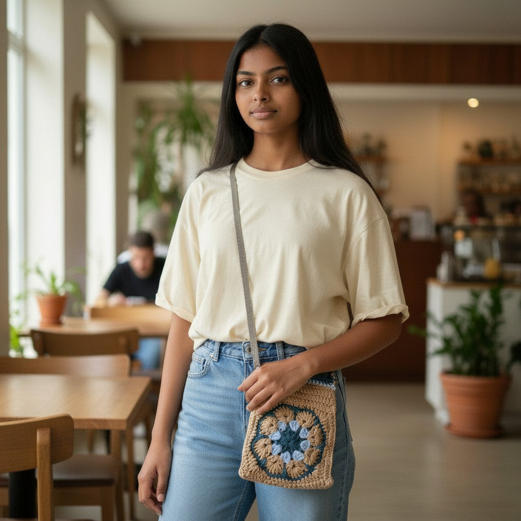 Woman holding a boho crochet bag in a casual setting