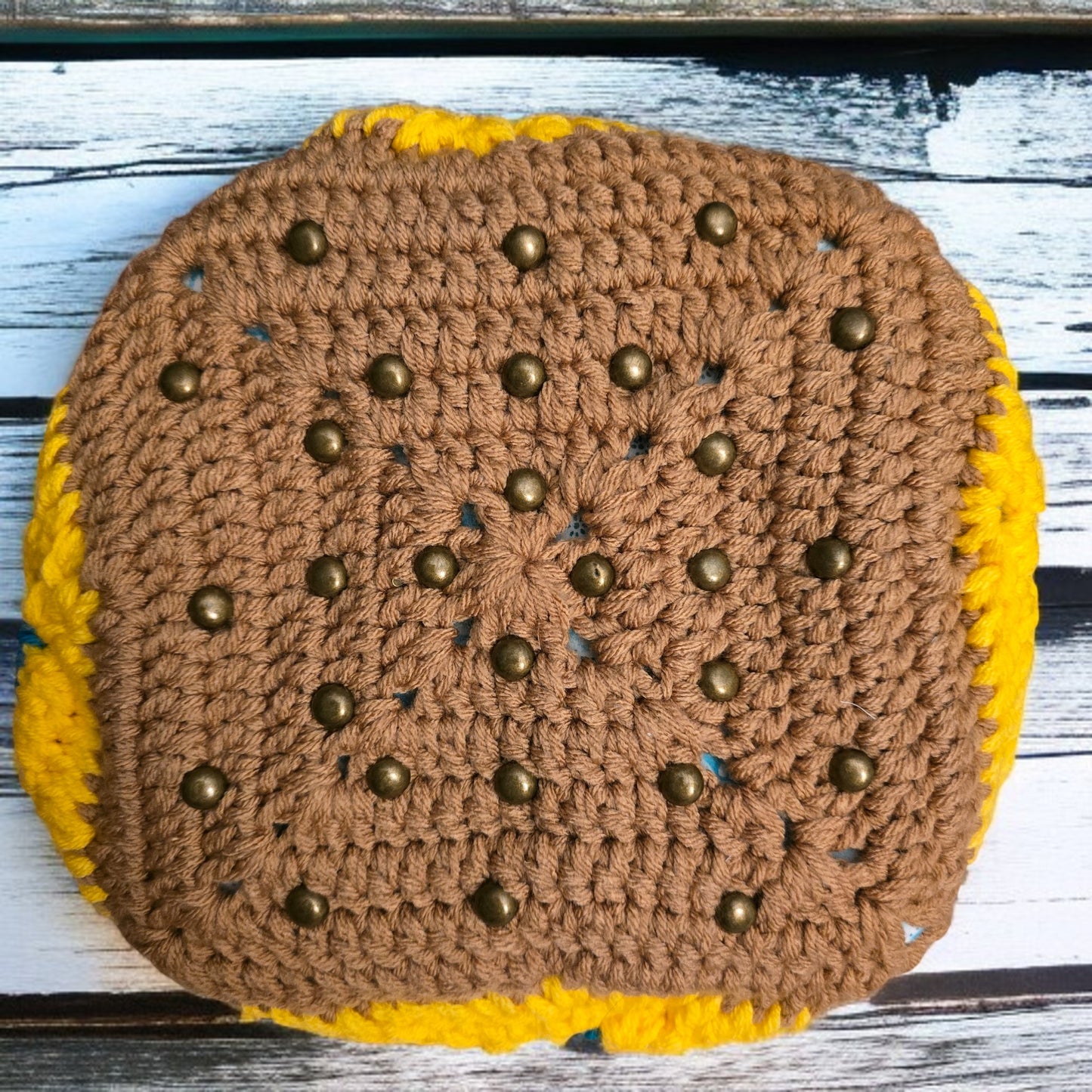 Boho Crochet Bucket Bag Multi-Color Handmade Market SHOWING BOTTOM OF BAG