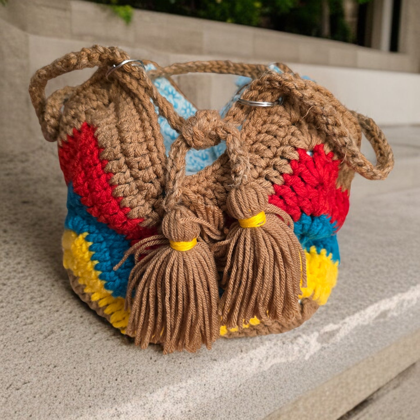 Boho Crochet Bucket Bag Multi-Color Handmade Market SITTING ON A COUNTER