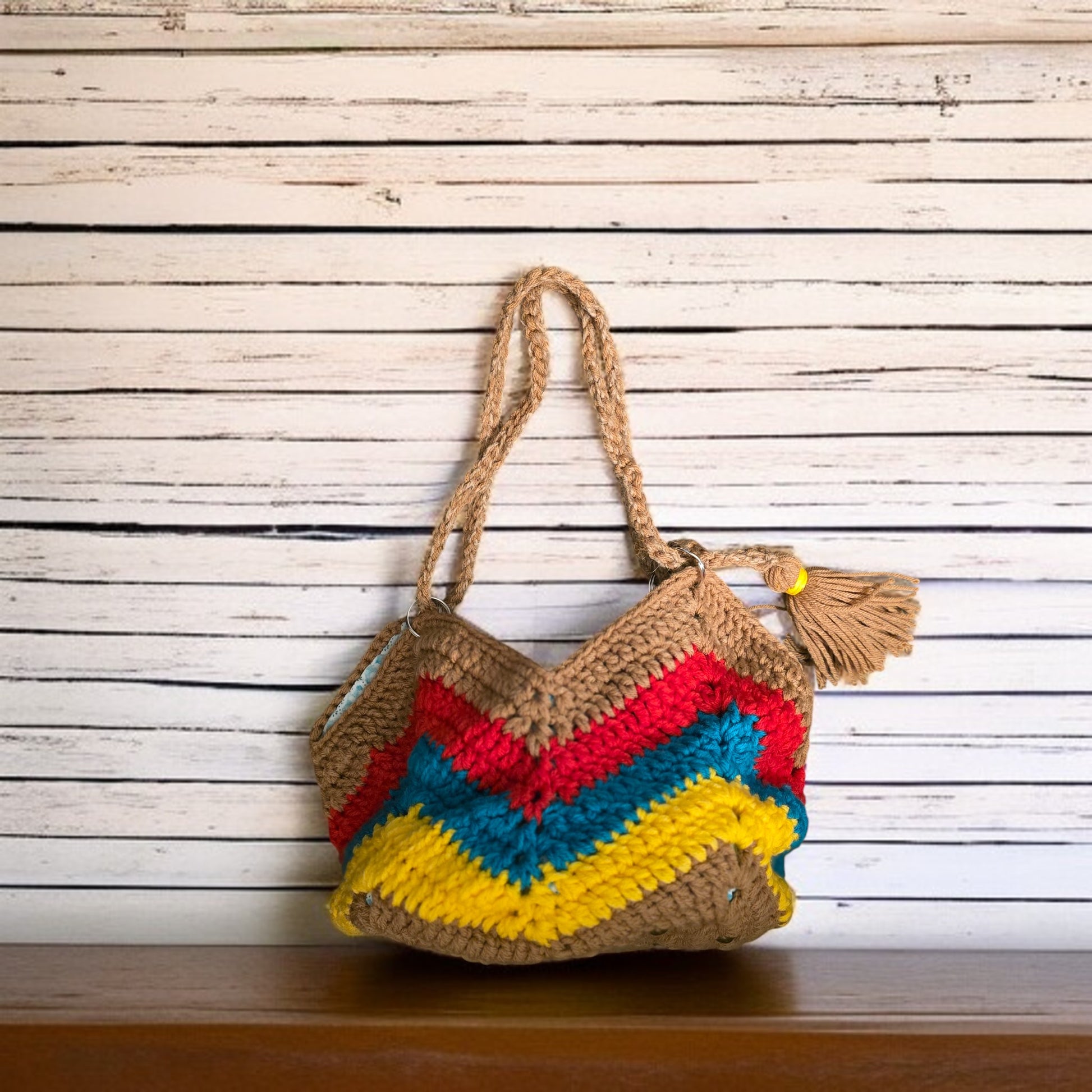 Boho Crochet Bucket Bag Multi-Color Handmade Market SITTING A SHELF