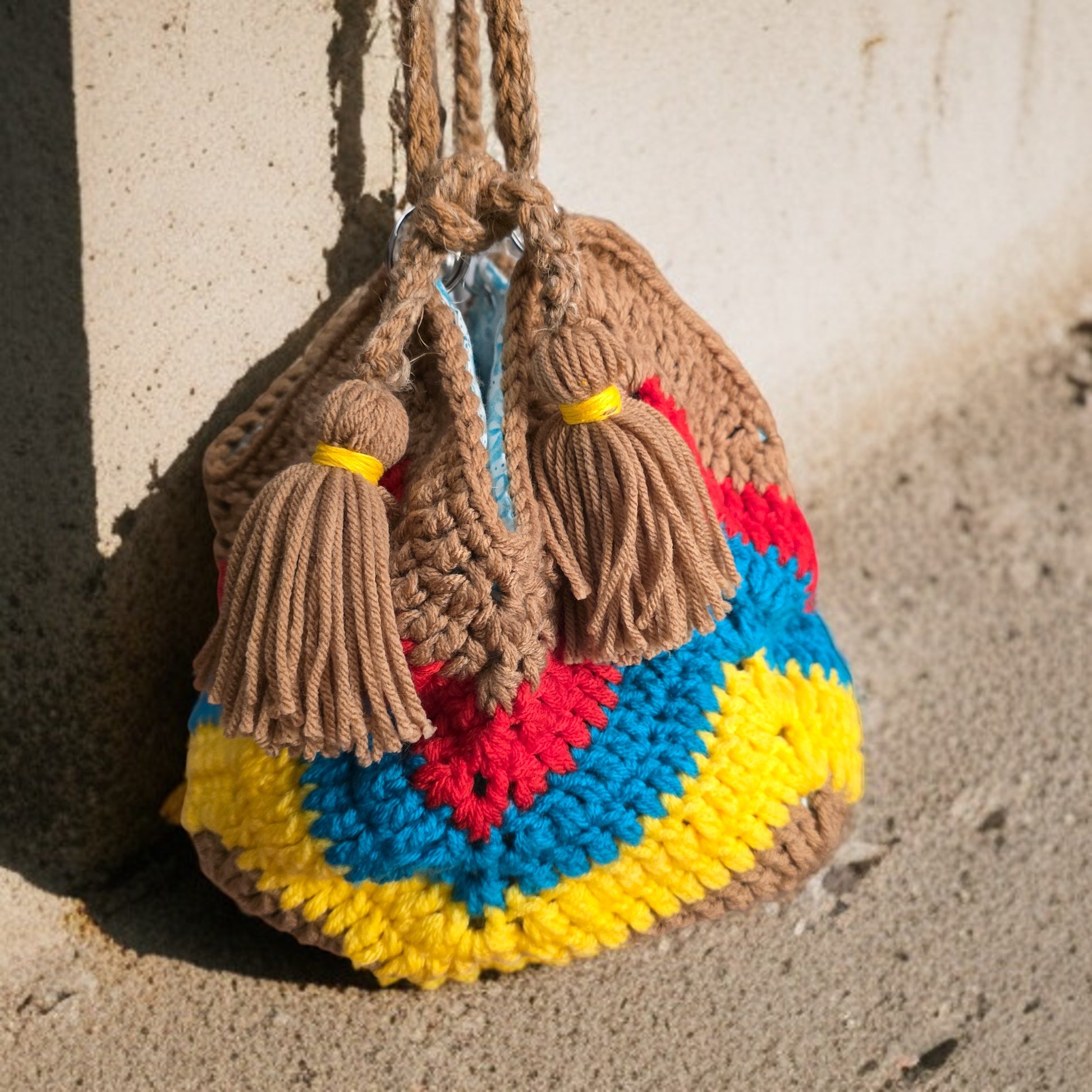 Boho Crochet Bucket Bag Multi-Color Handmade Market SITTING ON THE GROUND