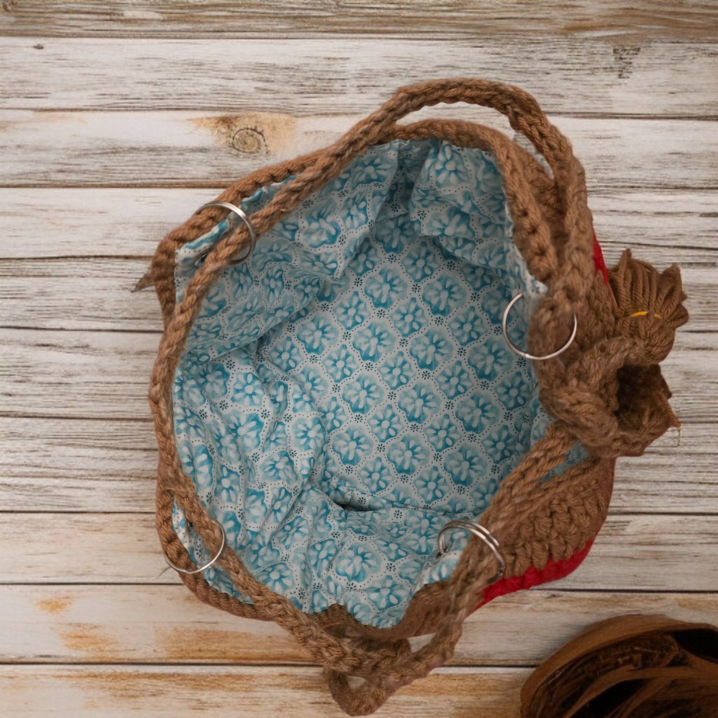 Boho Crochet Bucket Bag Multi-Color Handmade Market SHOWING INSIDE OF BAG