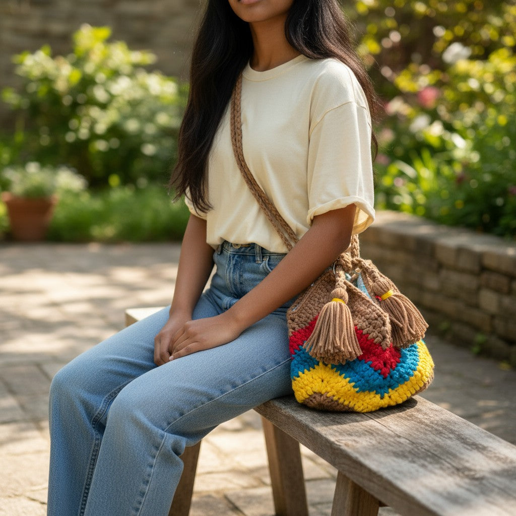 Boho Crochet Bucket Bag Multi-Color Handmade Market DISPLAYED ON A GRIL SITTING