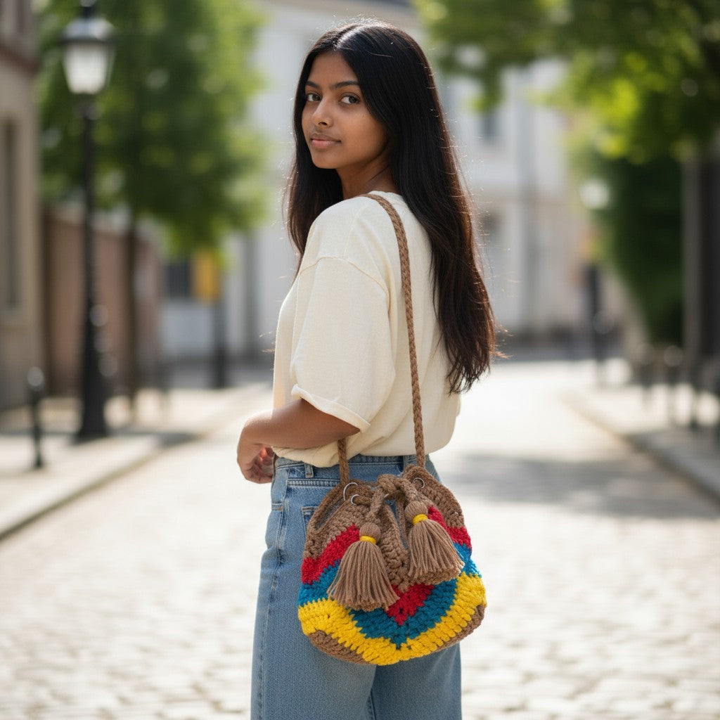 Boho Crochet Bucket Bag Multi-Color Handmade Market DISPLAYED ON A GRIL TURNED