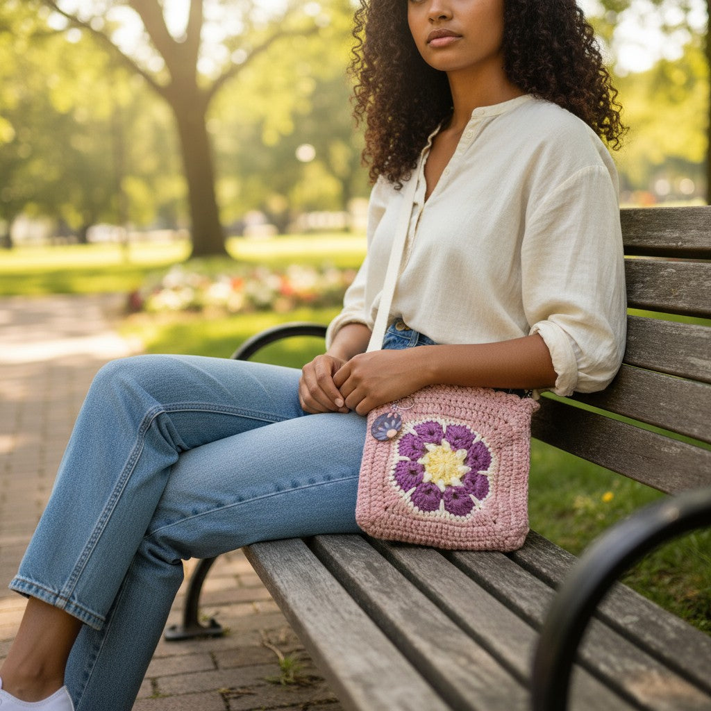 Boho Crochet Square Handbag Pink Handmade Market
