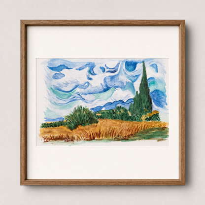 Framed watercolor landscape art print featuring a blue sky with swirling clouds, green cypress trees, and golden-brown fields, presented in a light brown wooden frame with a white mat against a neutral wall.