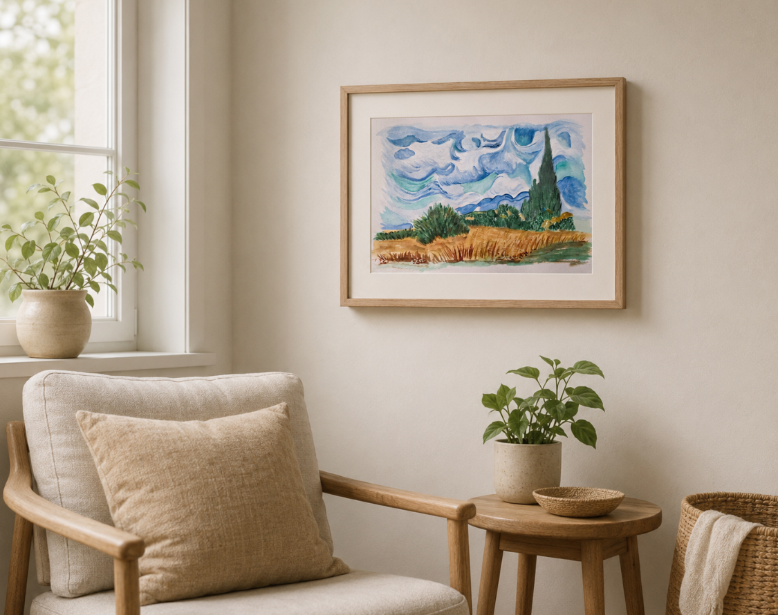 A framed landscape painting of a blue and green field under a swirling sky, hanging on a beige wall in a styled living room with a wooden armchair, side table, and potted plants.