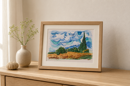 A framed watercolor landscape print featuring a cypress tree and wheat field, styled on a wooden table next to a vase with dried stems in a warm, neutral room.