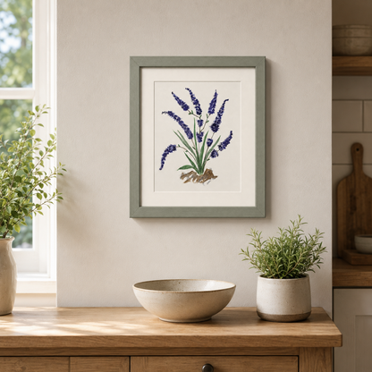 Framed botanical art print of purple lavender flowers with green leaves, displayed on a beige wall above a wooden console table with potted plants and a ceramic bowl.