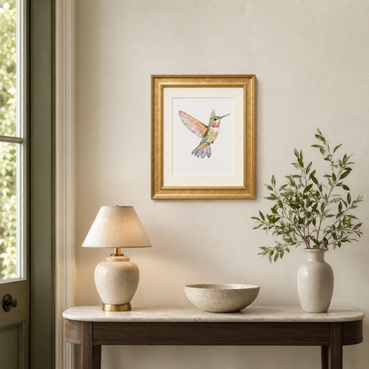 A framed art print of a hummingbird in flight, featuring a gold frame and white mat, displayed on a beige wall above a console table decorated with a lamp, a bowl, and a vase of greenery.