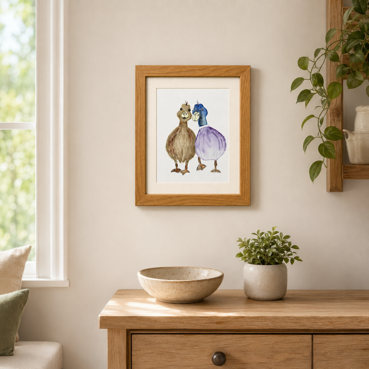 A framed watercolor art print of two ducks standing on a wooden console table in a bright, modern room. The print features one brown duck and one purple duck, enclosed in a light oak frame and hanging on a beige wall.