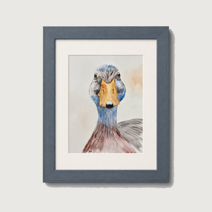 A framed watercolor portrait print of a duck, featuring a gray frame and white mat board, set against a light gray background.