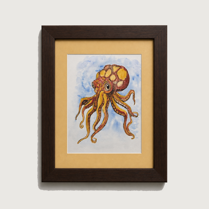 Framed art print featuring a colorful watercolor illustration of an octopus with a patterned shell, set against a light blue water background. The print is matted with a wide beige border and enclosed in a dark brown wooden frame, shown against a neutral light gray background.
