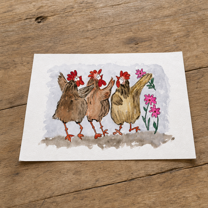 Dancing Chickens| Original Watercolor Chicken Painting