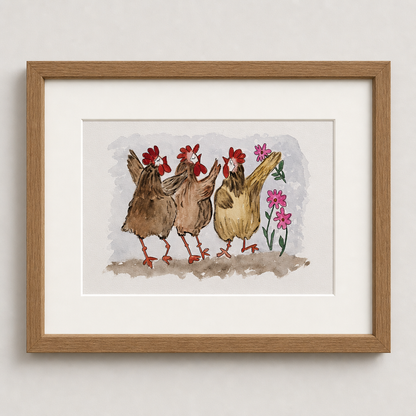 Dancing Chickens| Original Watercolor Chicken Painting