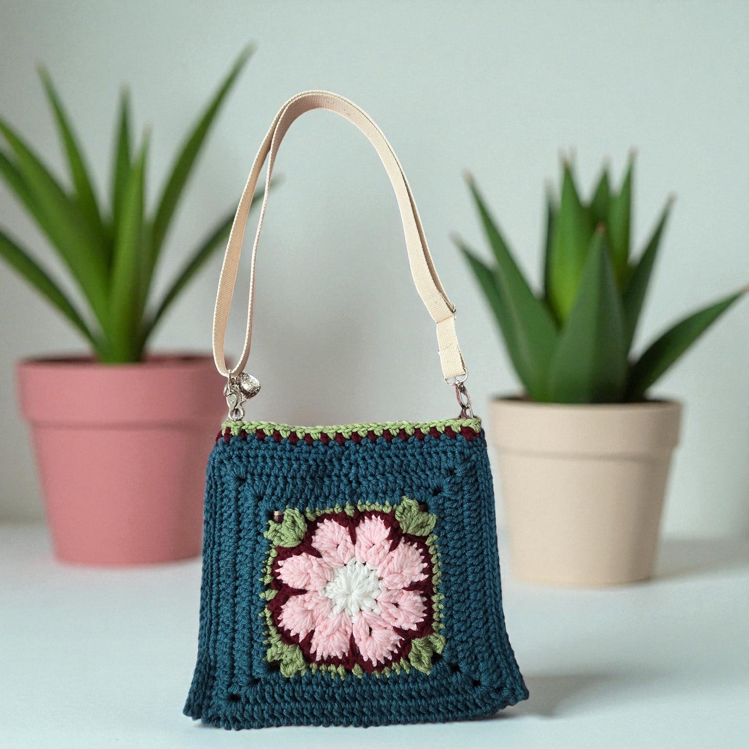 Boho Crochet Square Bag Teal Handmade Market
