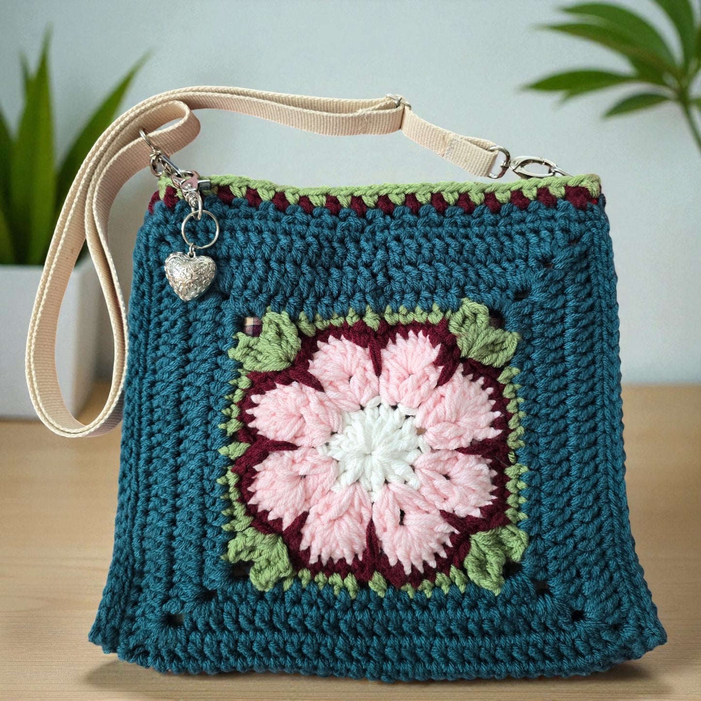 Boho Crochet Square Bag Teal Handmade Market