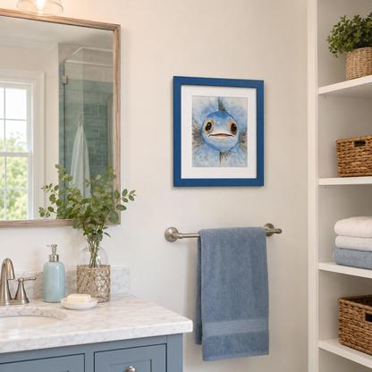 A framed art print of a blue fish with large eyes, displayed on a bathroom wall above a towel bar in a styled bathroom setting.