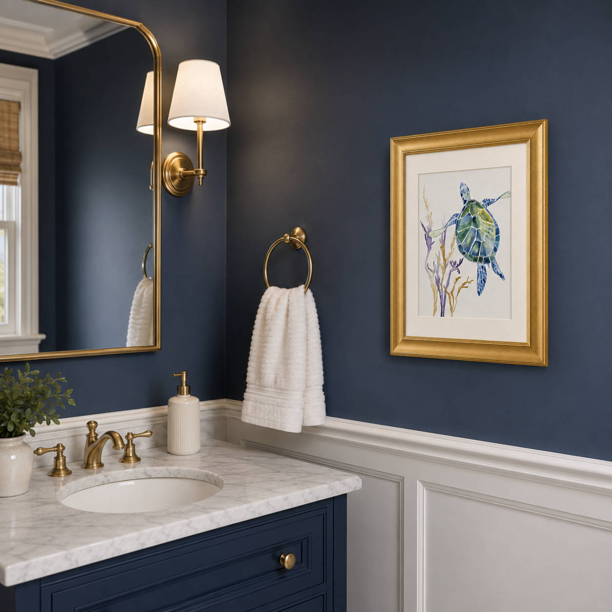 A framed watercolor print of a sea turtle on a beach, in a gold frame, displayed on a navy blue wall in a styled bathroom setting with a marble countertop, gold fixtures, and a white towel.