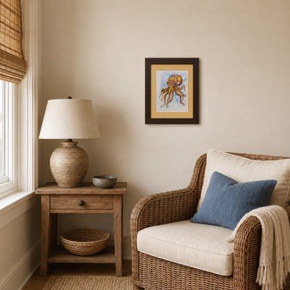 A framed art print of a colorful octopus hanging on a beige wall in a styled living room corner with a wicker armchair, a wooden side table, and a lamp.