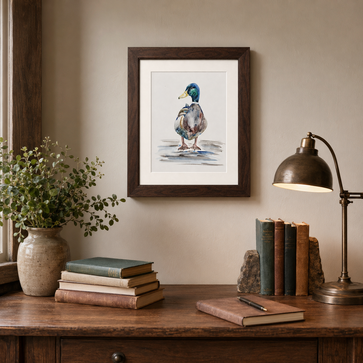 A framed watercolor painting of a mallard duck hanging on a beige wall above a wooden desk styled with books, a lamp, and a potted plant.