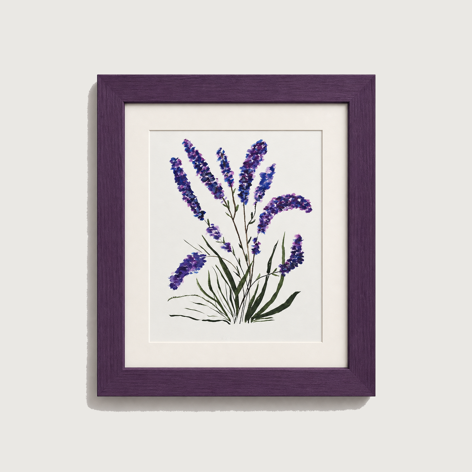 Framed botanical art print featuring purple lavender flowers with green stems on a white mat and background, enclosed in a dark purple wood frame against a light gray wall.