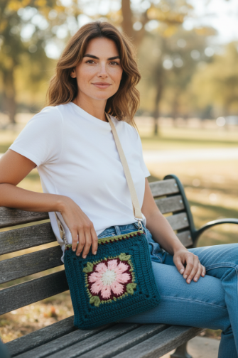Boho Crochet Square Bag Teal Handmade Market