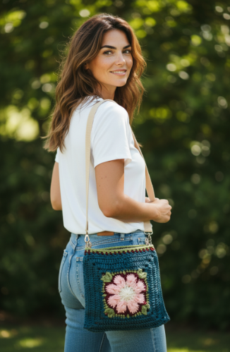 Boho Crochet Square Bag Teal Handmade Market