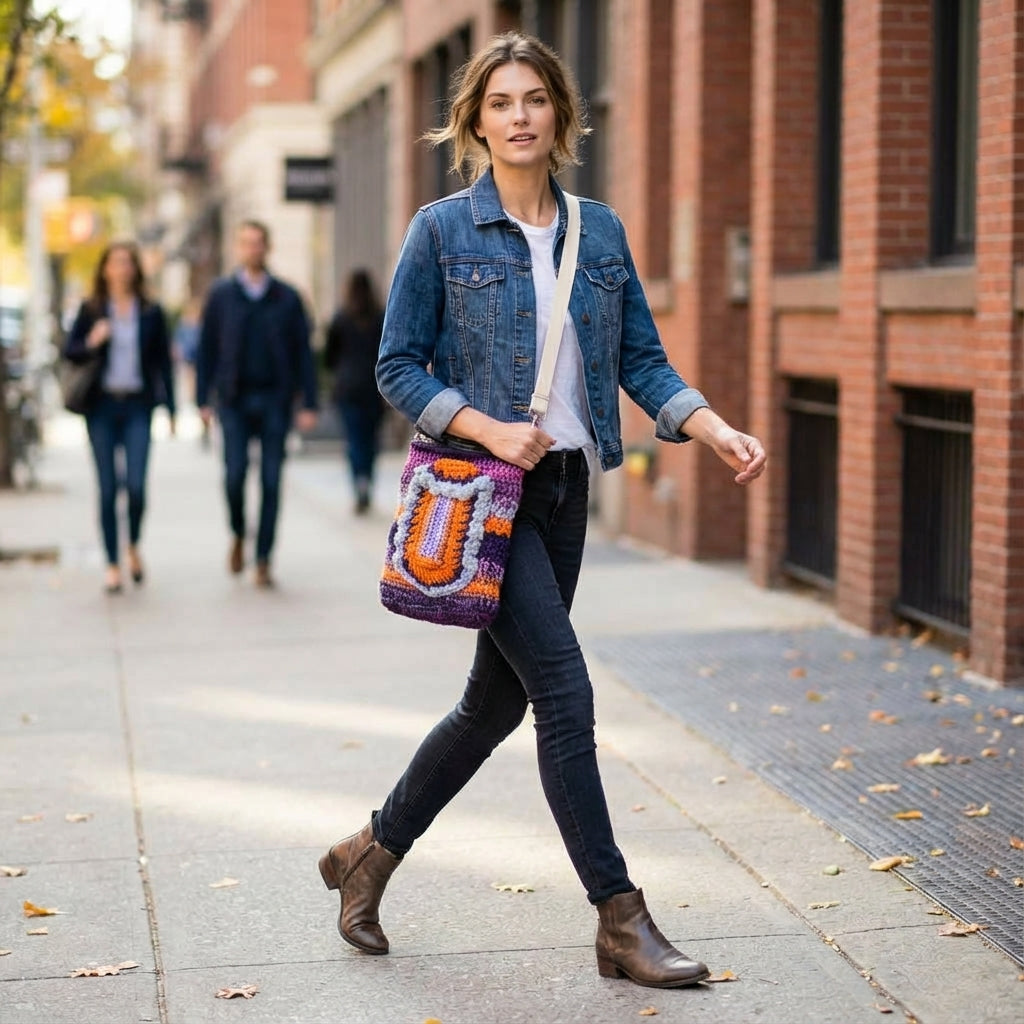 Boho Crochet Rectangle Bag Multi woman walking with bag
