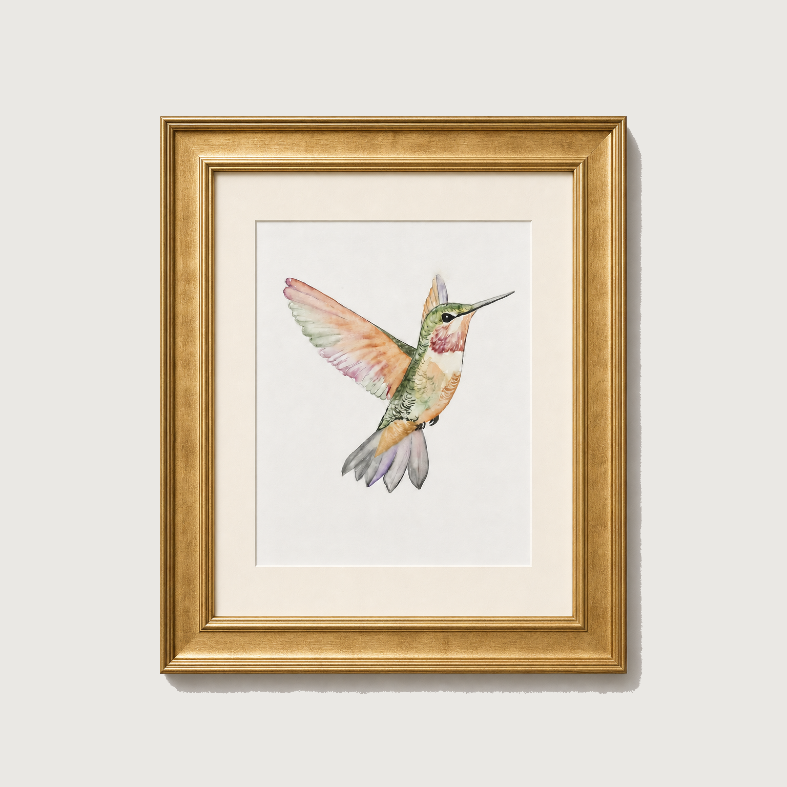 Framed watercolor art print of a hummingbird in flight, featuring a gold frame and white mat board against a light gray background.
